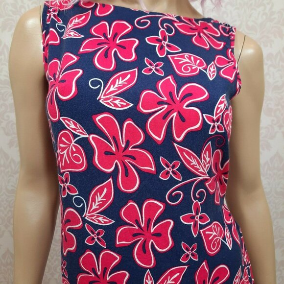 Vintage 90s Sleeveless Mini Dress S Floral Bright Pink Blue Tropical Hawaiian - Picture 3 of 12